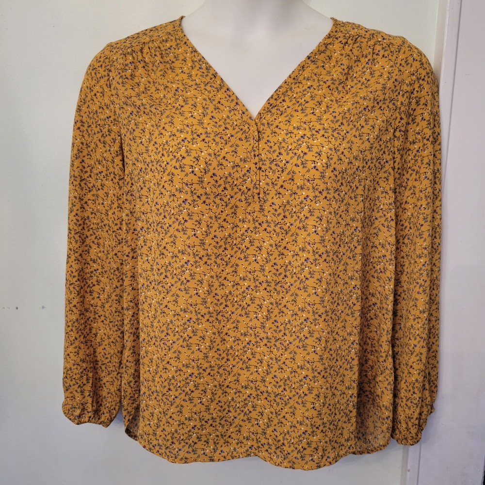Pleione Yellow Floral Print V Neck Long Sleeve Blouse Top L Fall‎ Autumn Boho